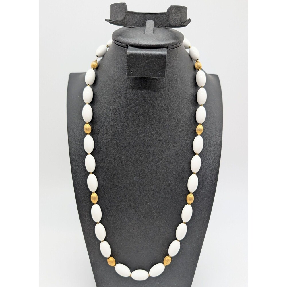 Vintage White & Gold Tone Oval Beads Necklace Signed Alan J 25"